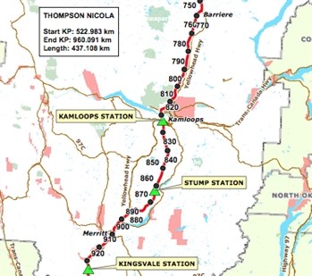 Closeup of pipeline mapped route through Kamloops and Merritt.
