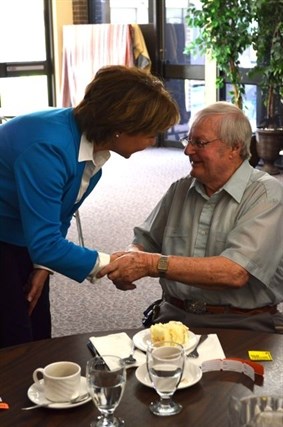 Alfred English, 90, says getting a birthday hug from Christy Clark made his day. 
