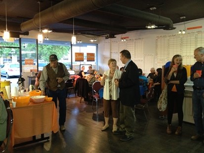 NDP supporters gather early to watch results. All three Kelowna-area candidates are together at their team campaign office tonight.