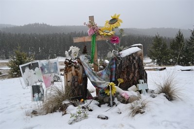 Memorial site for 19-year-old who passed away in his pickup truck after a party at Tree Flats.