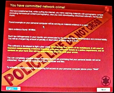 An example from a YouTube video of what ScareWare or RansomeWare might look like.