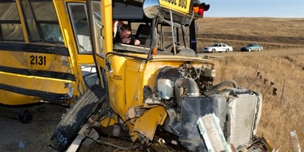 A police investigator inside a school bus that collided with a truck on Friday, October 25, 2013.