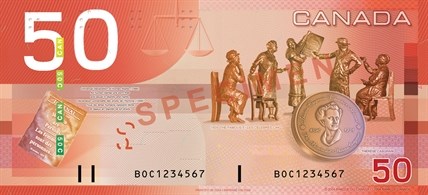 The back of the old $50 bill that features the Famous Five, relating to the Supreme Court case that recognized women as persons.