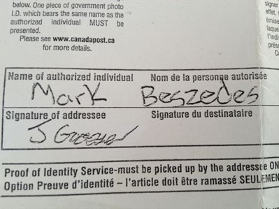 Fraudulent third party authorization to pick up two parcels belonging to the Gosse family.