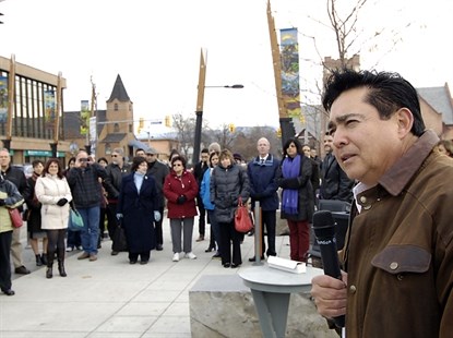 WFN Chief Robert Louie at the unveiling of eight banners that will hang in downtown Kelowna.