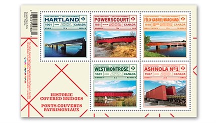 A new five stamp series issued by Canada Post includes covered bridges in New Brunswick, Quebec, Ontario and British Columbia's Red Bridge near Keremeos.
