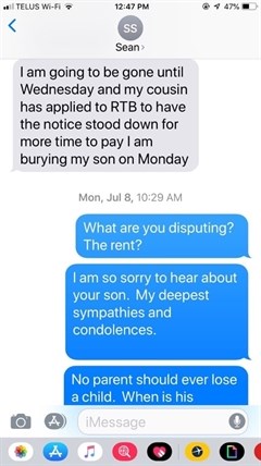 Screenshot of text conversation between landlord Sherry Kowaulchuk and Sean Starkes, when he informed his landlord that his son had died in Vancouver July 8, 2019. 