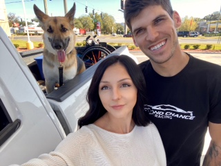 Tanner Arbuthnot with wife, Myra, and dog, Luna.