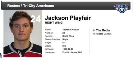 Tri-City Americans right wing Jackson Playfair, 19.