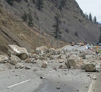 Traffic is still blocked in both directions on Highway 3 according to DriveBC. A rock slide came down the slope and covered the road on Monday.
