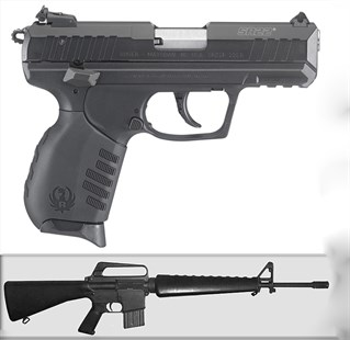 Images of a Ruger .22 caliber automatic pistol and a Colt AR15 SP1.