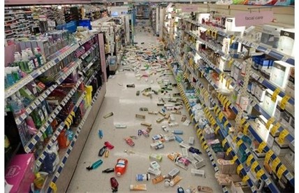 Merchandise is strewn across the floor in a Walgreens following a 5.1 earthquake centered near La Habra Friday, March 28, 2014.