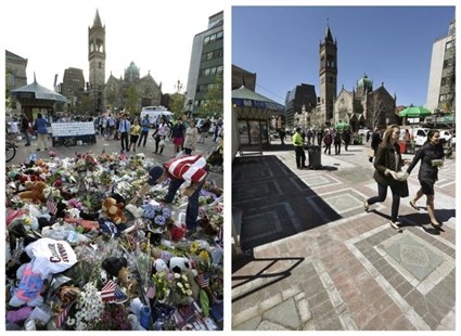 This combination of May 7, 2013 and April 10, 2014 photos shows Kevin Brown placing a Teddy bear at a makeshift memorial near the Boston Marathon finish line in Copley Square, and people walking through the same square at lunchtime nearly a year later in Boston.