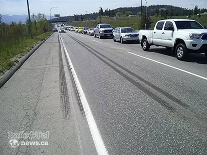 Skid marks from the logging truck that hit a car on Highway 97 and University Way on Thursday, May 1, 2014. The driver took off before RCMP arrived.