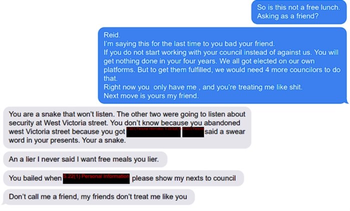 A text exchange between Bill Sarai (right) and Reid Hamer-Jackson (left) is shown in this screenshot. 