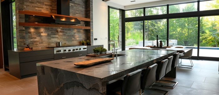 Contemporary kitchen design featuring a countertop made from natural stone